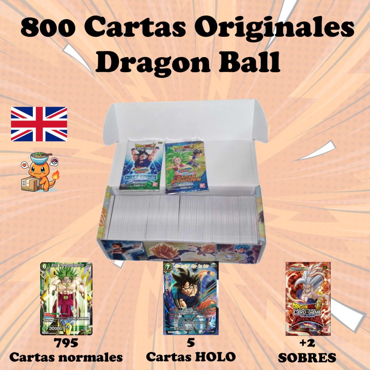 Pack 800 Cartas + 5 Cartas HOLO + 2 Sobres - Regalo ideal niños, cumpleaños - Cartas Dragon Ball Original Sellado Tcg Jcc - Imagen 2