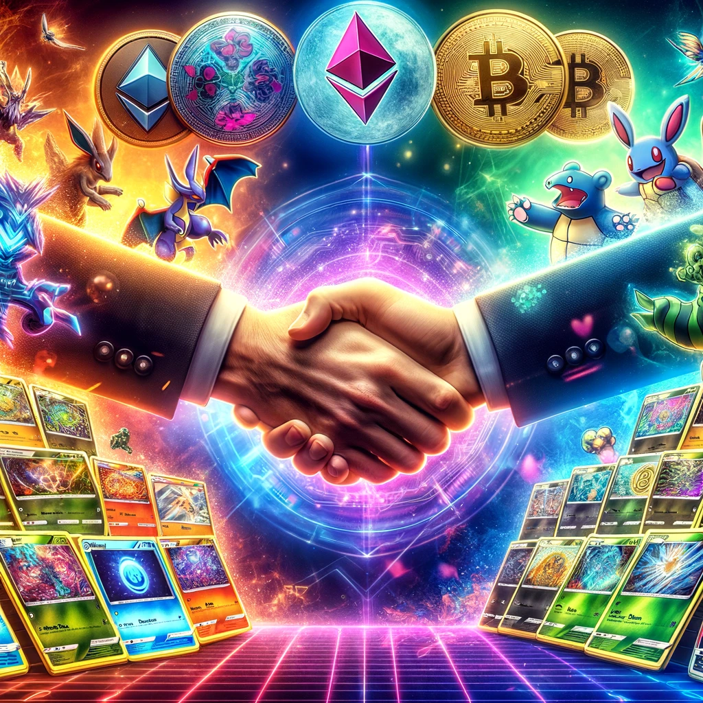 Cartas TCG y Criptomonedas: ¿Qué Tienen en Común? 1 DALL·E 2024 06 03 22.54.55 A vibrant eye catching image showing a crossover between the world of TCG Trading Card Game cards and cryptocurrencies. On one side display a sele Pokewoke