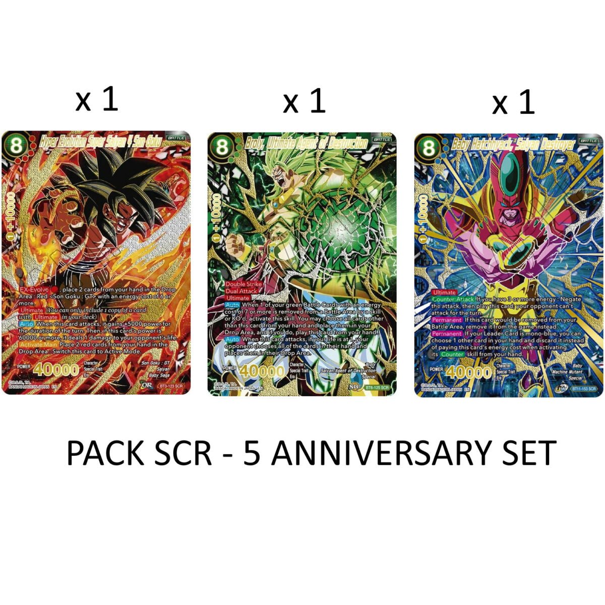 DB - Pack 3 cartas SCR - Goku SS4, Broly, Baby  - 5 anniversary - Dragon Ball - Inglés - Imagen 1